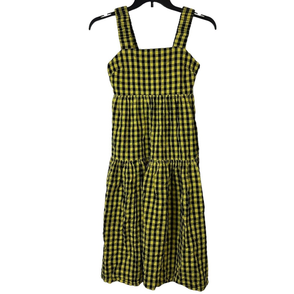Asos Collusion Dress Size 0 Yellow Black Gingham Tiered Sleeveless Midi - Picture 1 of 14